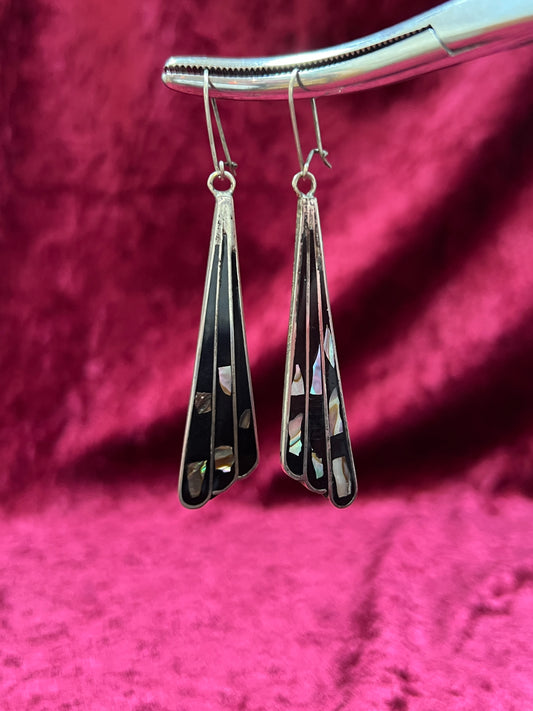 Vintage Jewelry - Sterling Silver Earrings - Inlaid Niello and Abalone Shell - Mexico