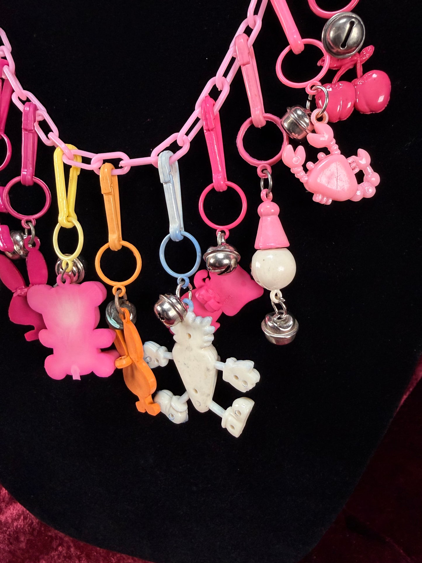 Vintage 1980s Plastic Chain Charm Necklace - 12 Bell / Googly Eyes Charms - Pink & Purple