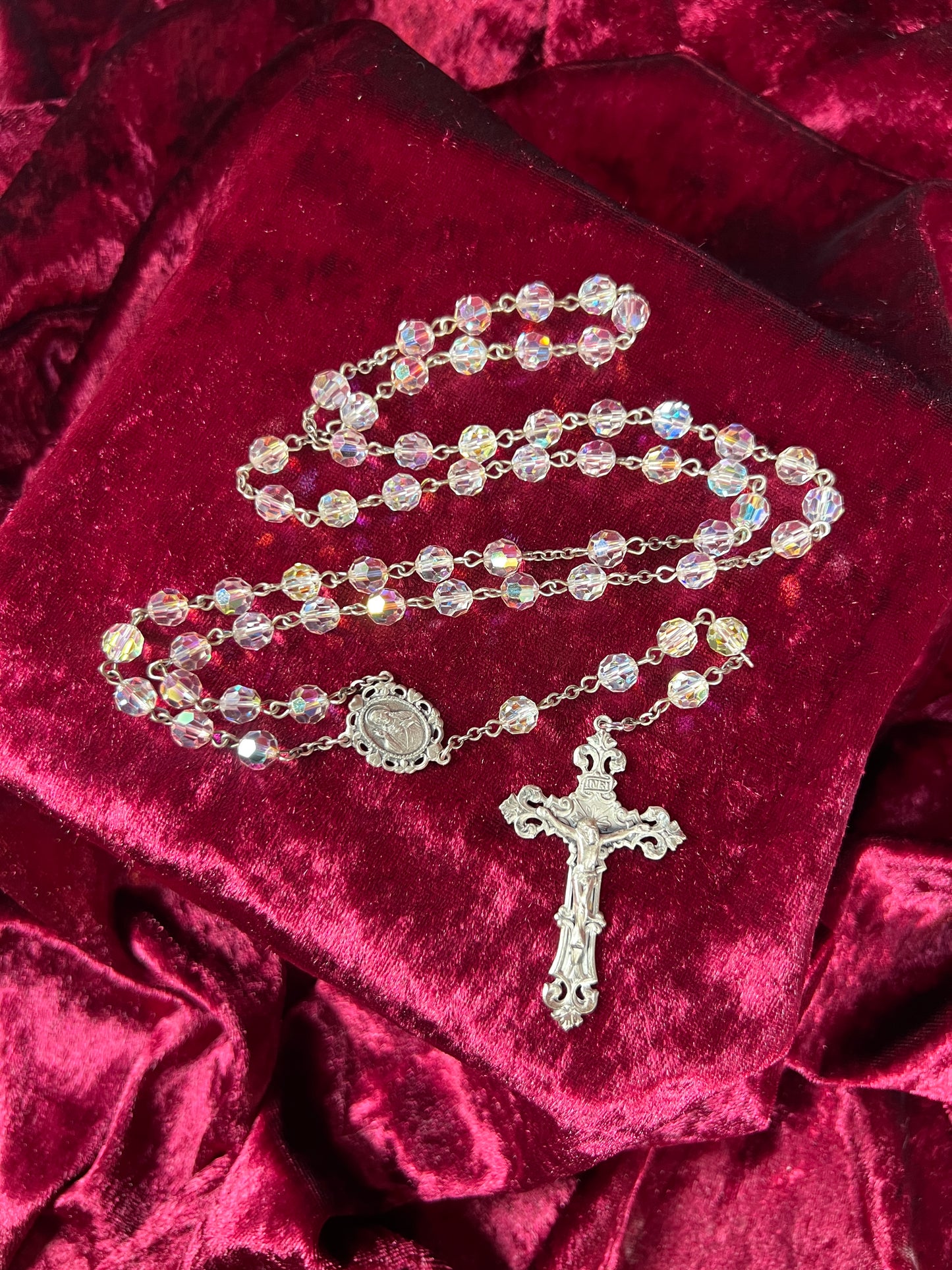 Vintage Jewelry - Italian Rosary - Sterling Silver - Aurora Borealis Faceted Beads - 20.25”