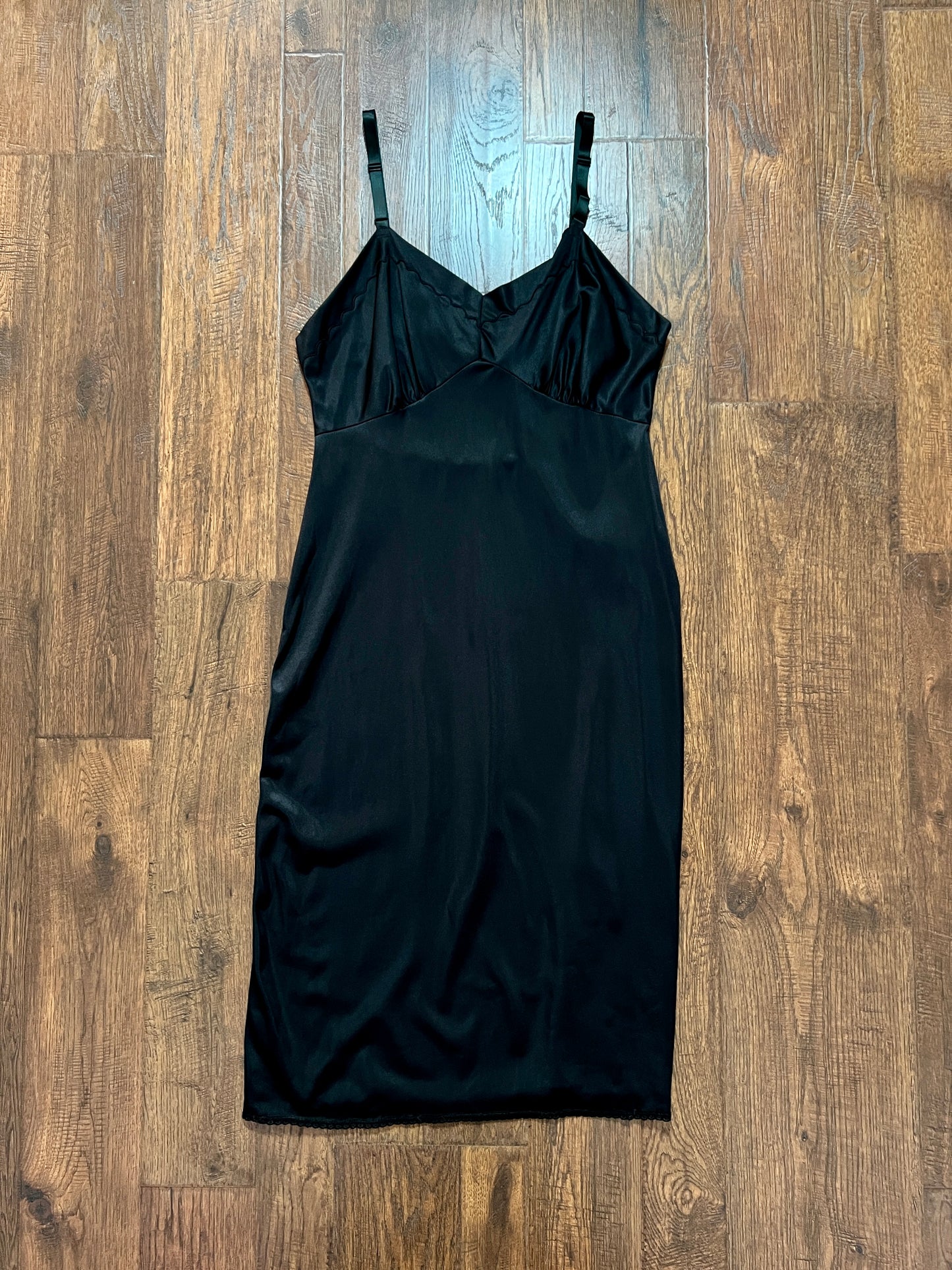 Vintage Nylon Spaghetti Strap Slip Dress - Black with Scalloped Embroidery - Mistra