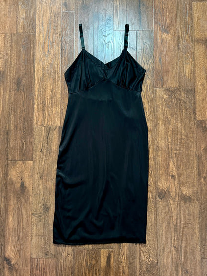 Vintage Nylon Spaghetti Strap Slip Dress - Black with Scalloped Embroidery - Mistra