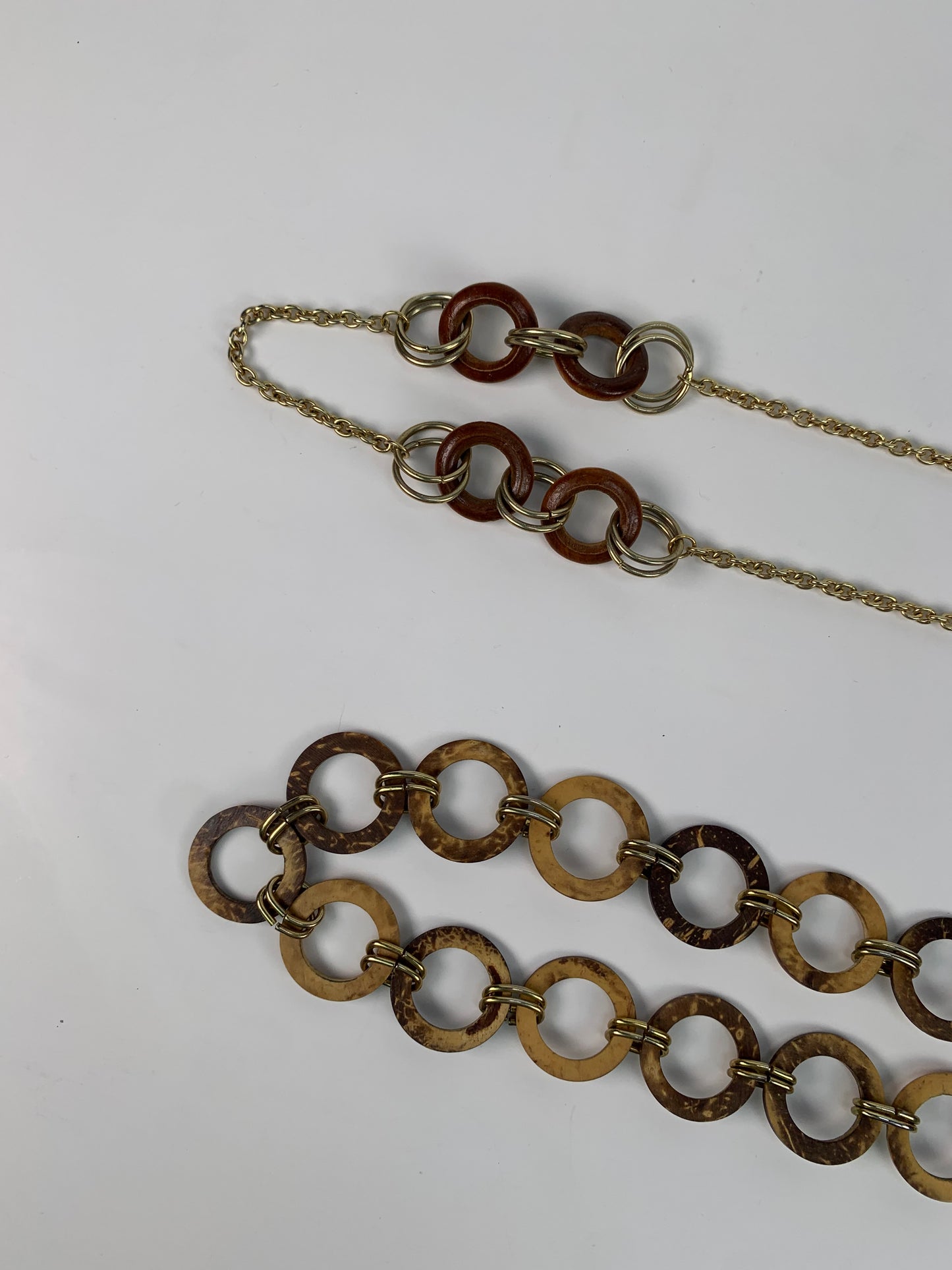 Vintage Jewelry - Matinee Necklace Pair - Wood Hoop Chain with Gold Tone Metal Fastenings