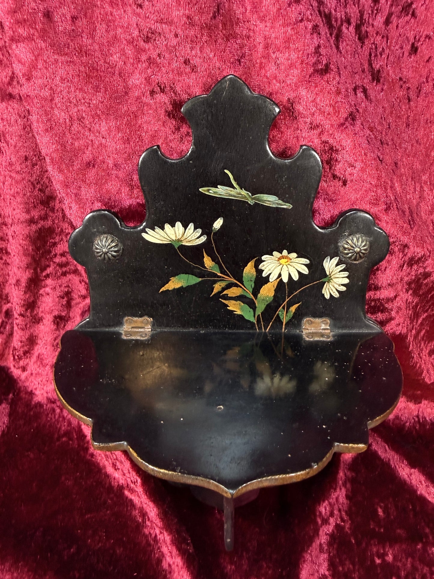 Antique Victorian Papier-Mache Collapsible Wall Shelf – Hand Painted Daisies and Dragonfly on Black Lacquer