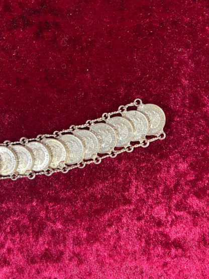 Vintage Jewelry - Coin Bracelet - Silver - Mexican Centavos - 7"