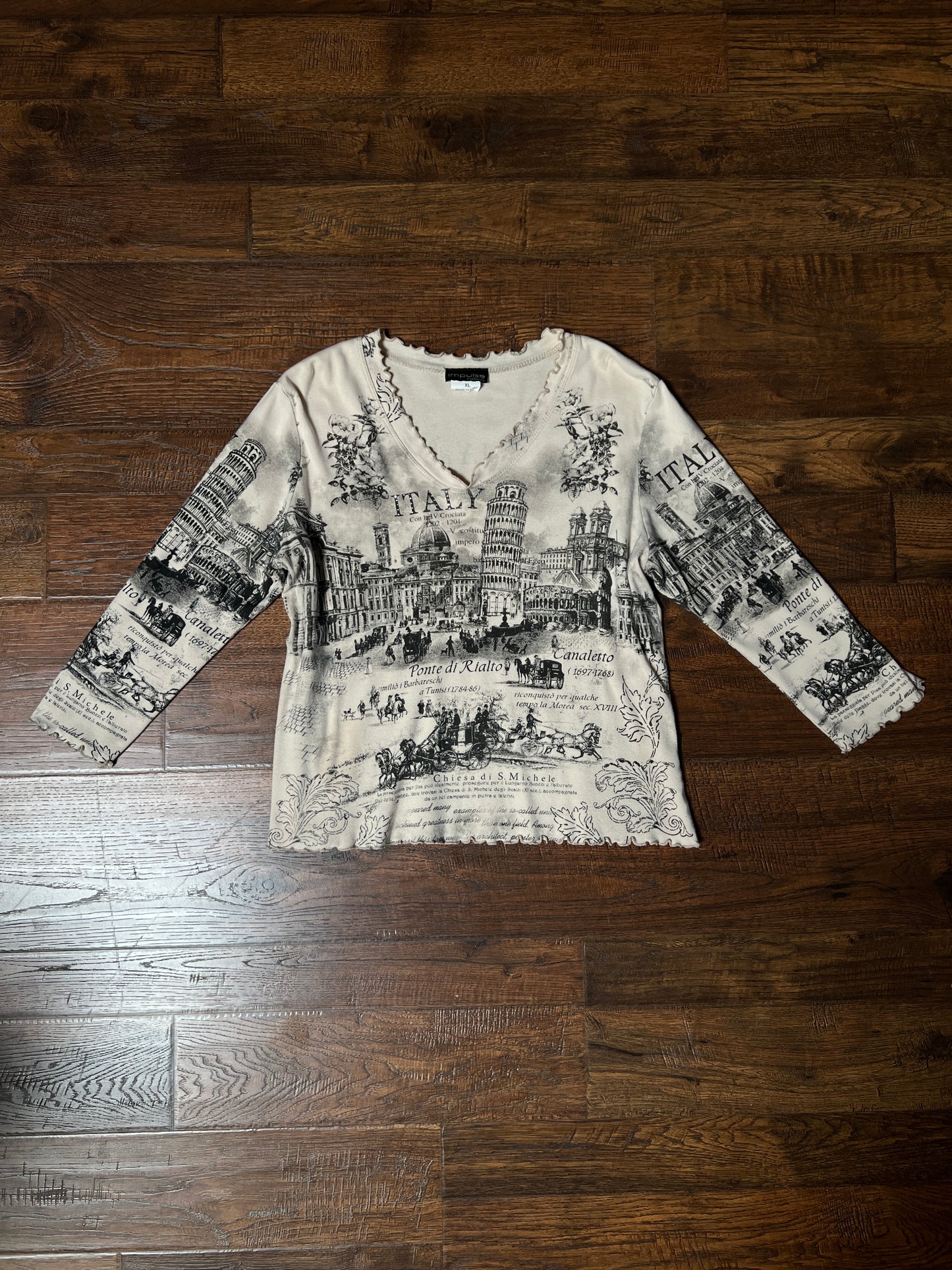 Vintage Impulse California Cotton Graphic Top — Scenic Italy Print Lettuce Hem - X-Large