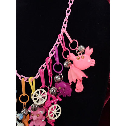 Vintage 1980s Plastic Chain Charm Necklace 12 Bell Googly Eyes Charm Pink Purple