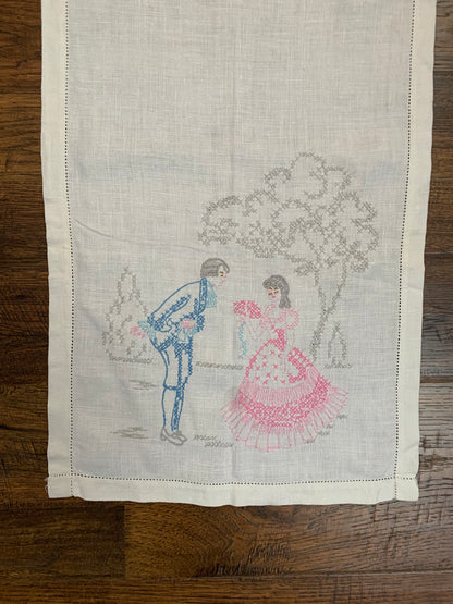 Vintage Cross Stitch Embroidered Table Runner - Courting Lord & Lady