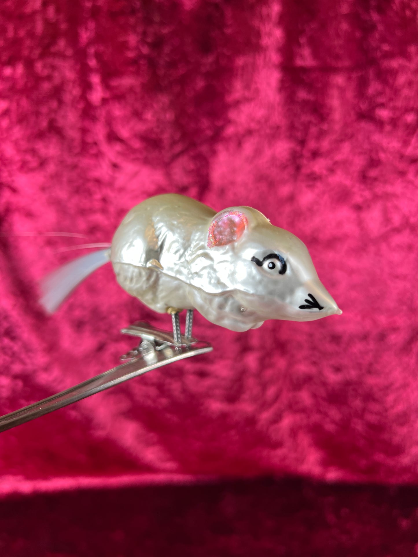 Vintage Christmas - Glass Clip-On Ornament - White Mouse with Nylon Hair Tail