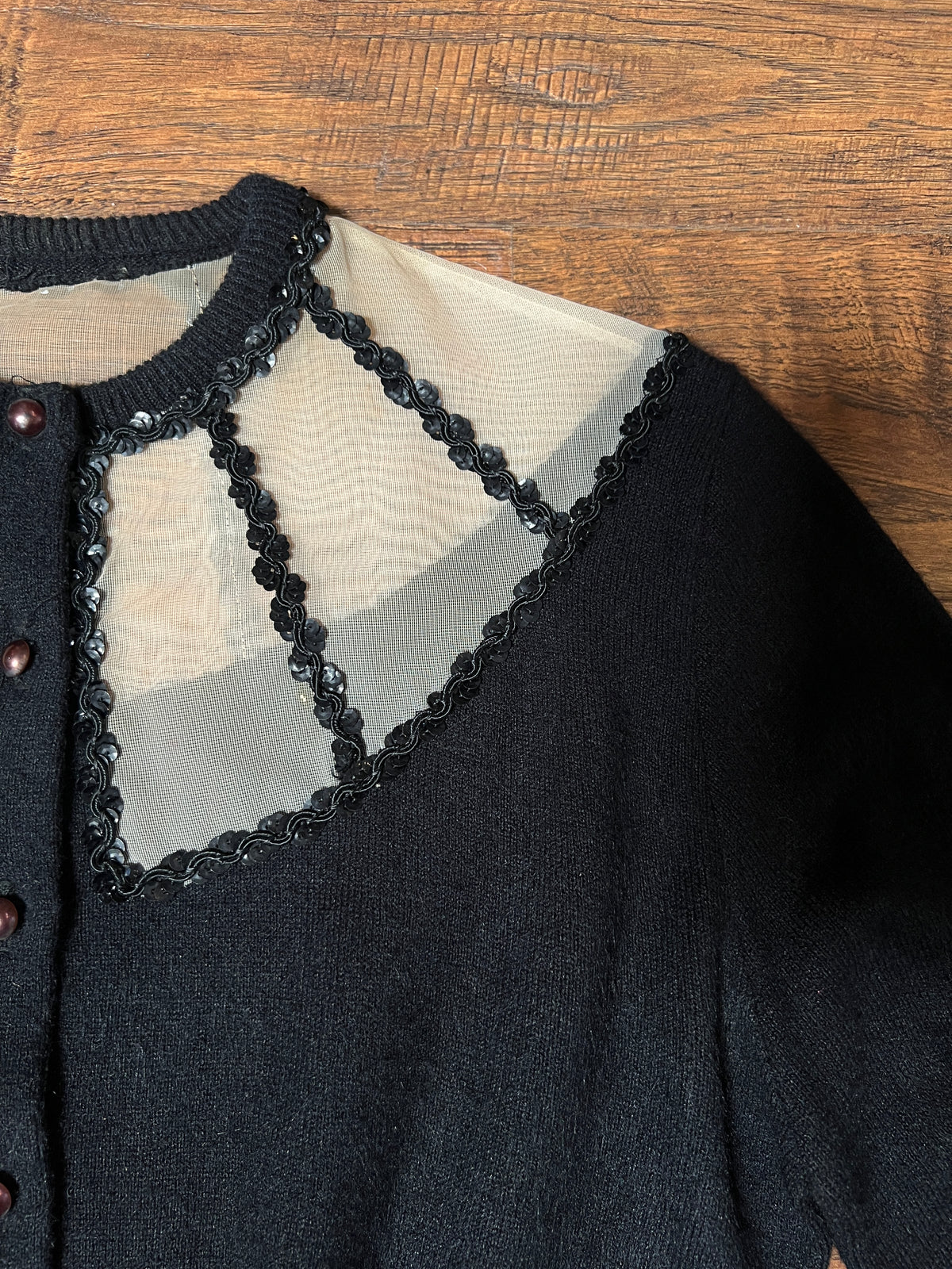 Vintage 1960s Knit Cardigan - Black Sheer Illusion Sequin Yoke with Metal Buttons - Size Medium