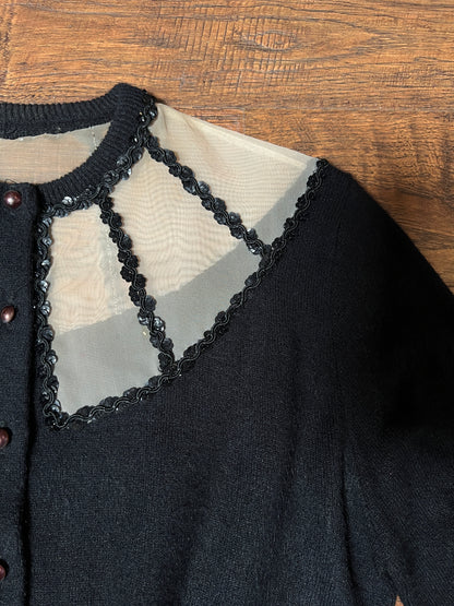 Vintage 1960s Knit Cardigan - Black Sheer Illusion Sequin Yoke with Metal Buttons - Size Medium