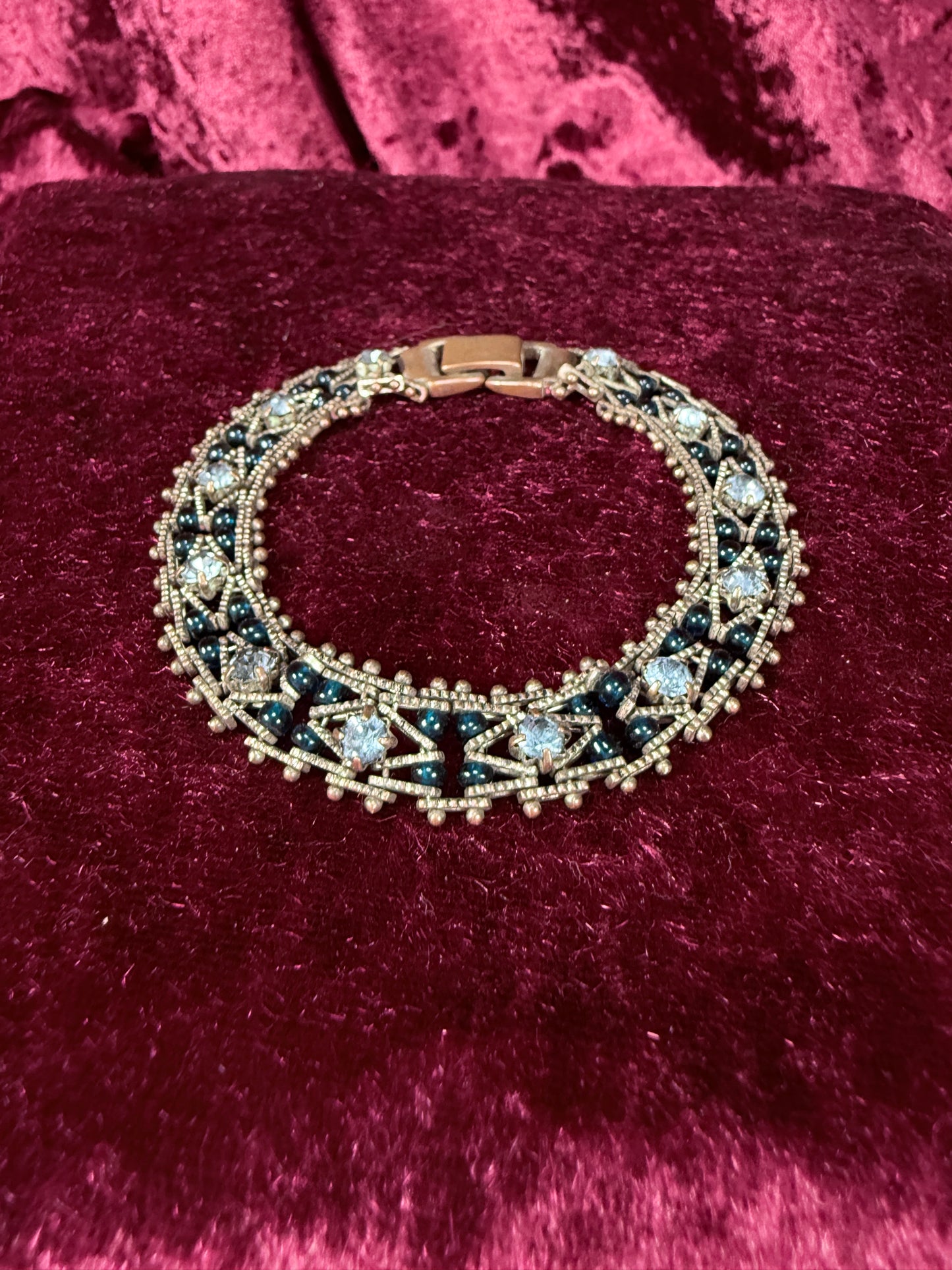 Vintage Silver Tone Rhinestone Bracelet - Two Tone Blue Crystal Beaded Design