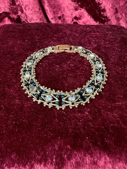 Vintage Silver Tone Rhinestone Bracelet - Two Tone Blue Crystal Beaded Design