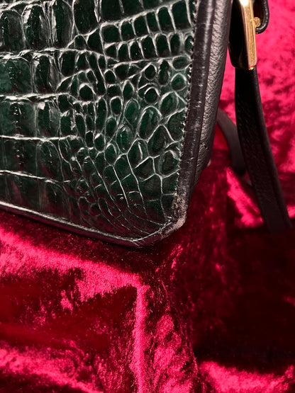 Vintage Emerald Green Leather Crossbody Bag - Croc Embossed Top Handle Purse