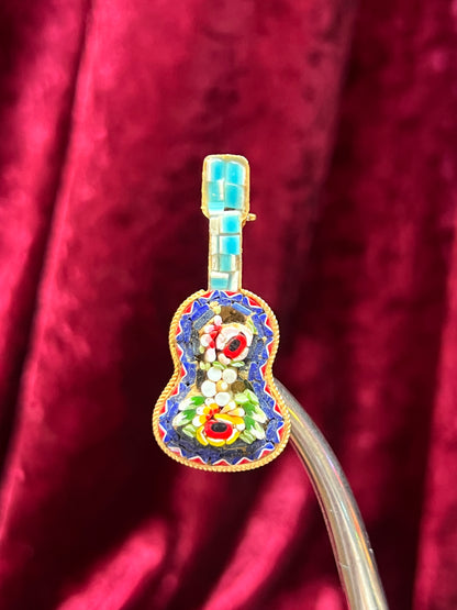 Vintage Jewelry - Brooch - Italian Micro Mosaic - Floral Guitar - Cobalt Blue - Made In Italy