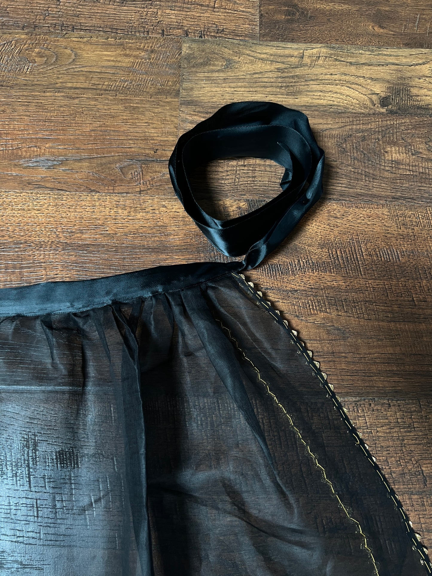 Vintage Mid Century Sheer Black Half Apron — Hand Painted Martini Cigarette with Gold Trim