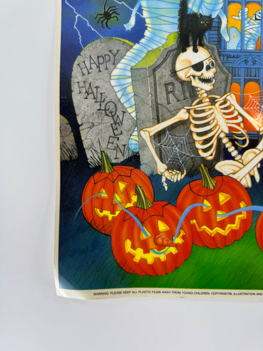 Vintage 1990s Color Clings Halloween Sheet | Skeleton Bats Mummy | Window Clings