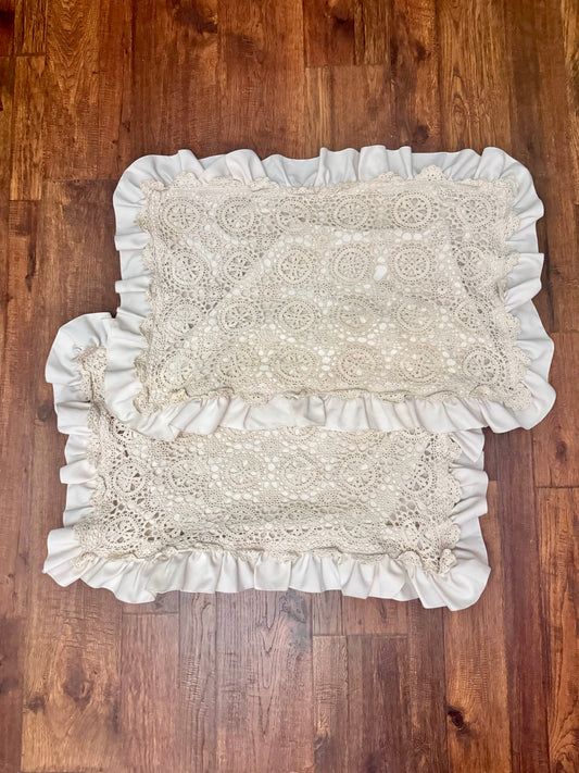 Vintage Beige Lace and Ruffle Pillow Sham - Set of 2 - Cottagecore style