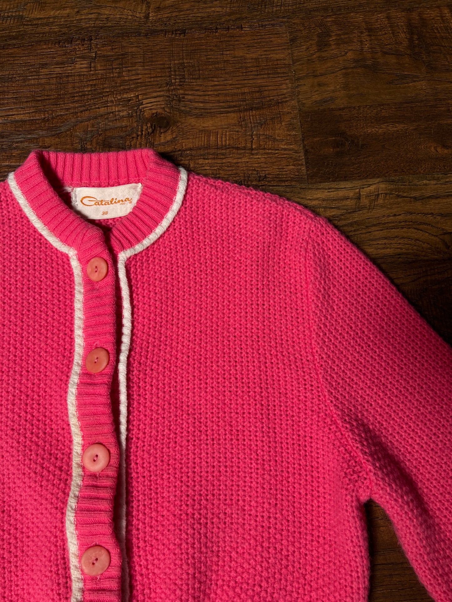 Vintage Catalina Knit Cardigan - Bubblegum Pink White Trim Button Front Sweater - Small