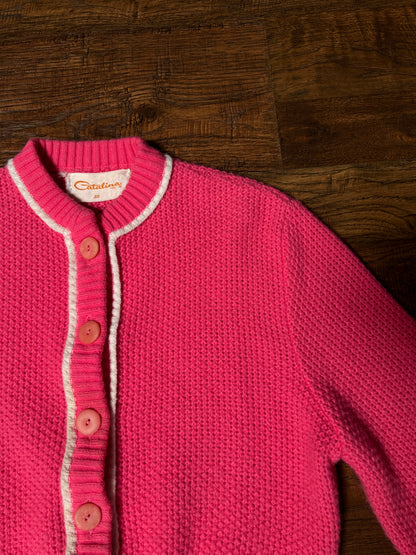 Vintage Catalina Knit Cardigan - Bubblegum Pink White Trim Button Front Sweater - Small