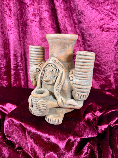 Vintage Oddities - Altar Candelabra - Red Clay Mayan / Aztec Deity Effigy