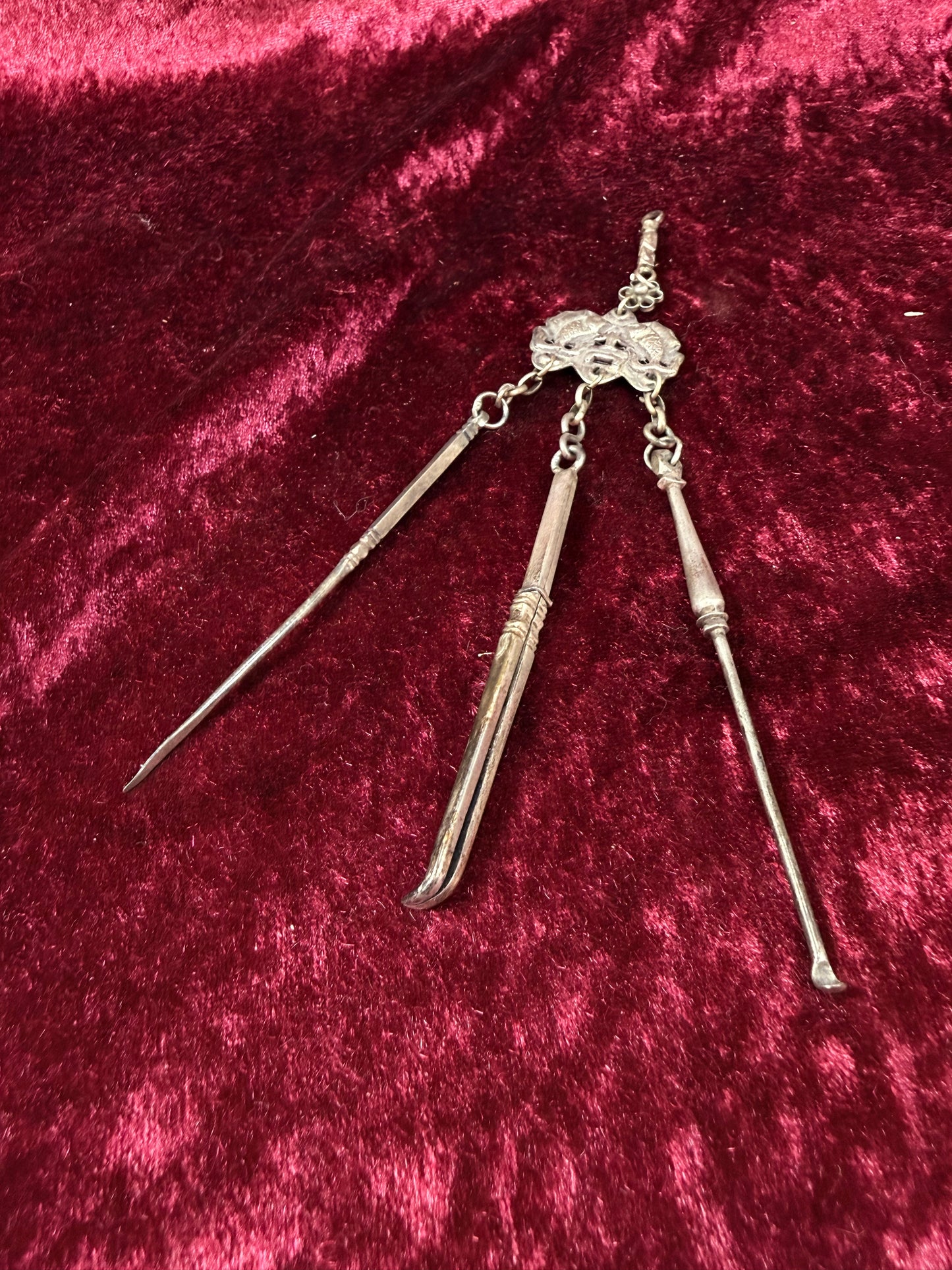 Antique Sterling Silver Opium Chatelaine – Twin Koi Fish and Monkey - Late Qing Dynasty