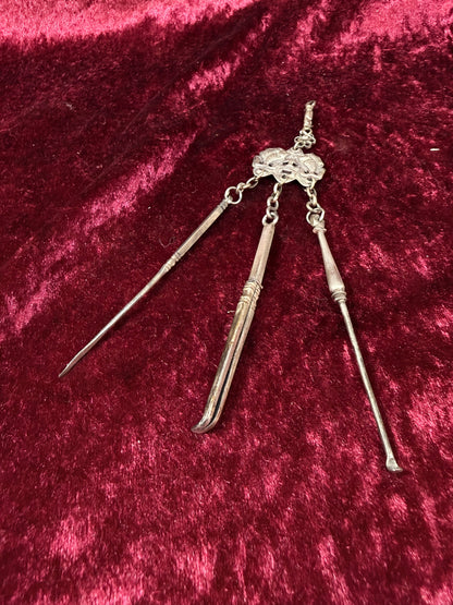 Antique Sterling Silver Opium Chatelaine – Twin Koi Fish and Monkey - Late Qing Dynasty
