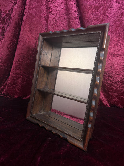 Vintage Wood Wall Trinket Shelf – Mirror Back Curio Shadow Box with Scalloped Frame