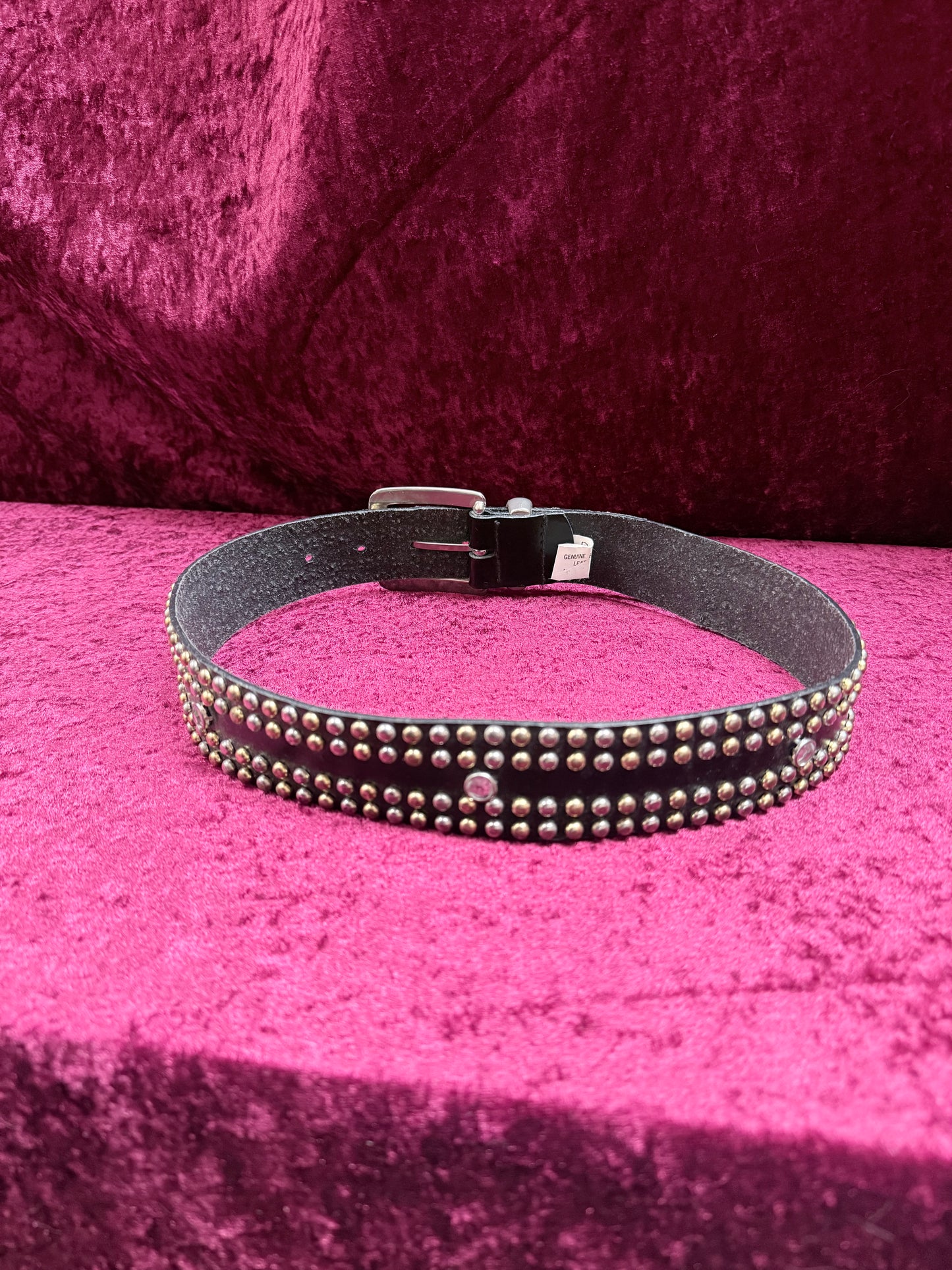 Vintage 1990s Donna Katz Bonded Leather Belt - Black with Silver & Gold Studs