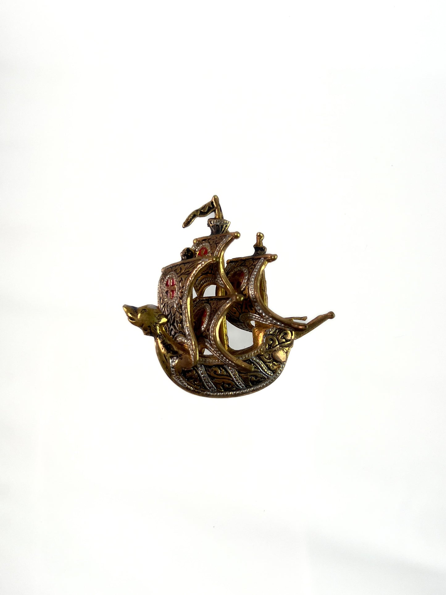 Vintage Jewelry - Brooch - Gold Tone - 3D Spanish Galleon Ship - Toledoware