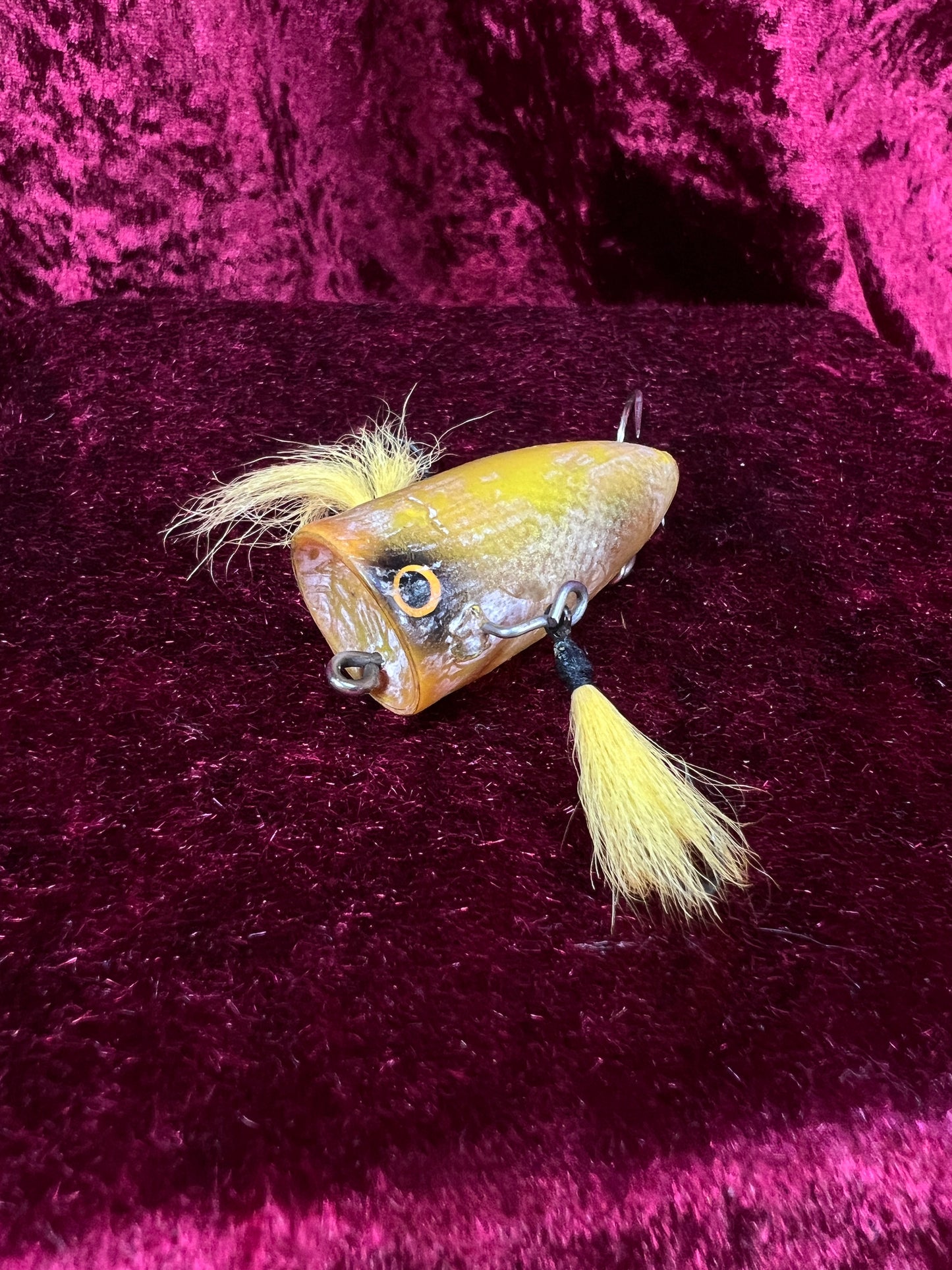 Vintage Plastic Fishing Lure -  Yellow Plug Crankbait with Hook Skirts