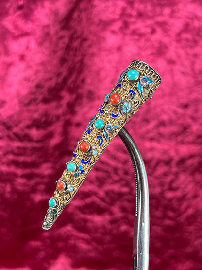 Antique Jewelry - Brooch - Chinese Finger Nail Guard - Plated Sterling Silver, Turquoise, Coral, and Enamel