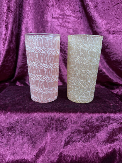 Vintage Frosted Glass Tumbler Set – White Spaghetti Overlay Pink & Yellow Pair