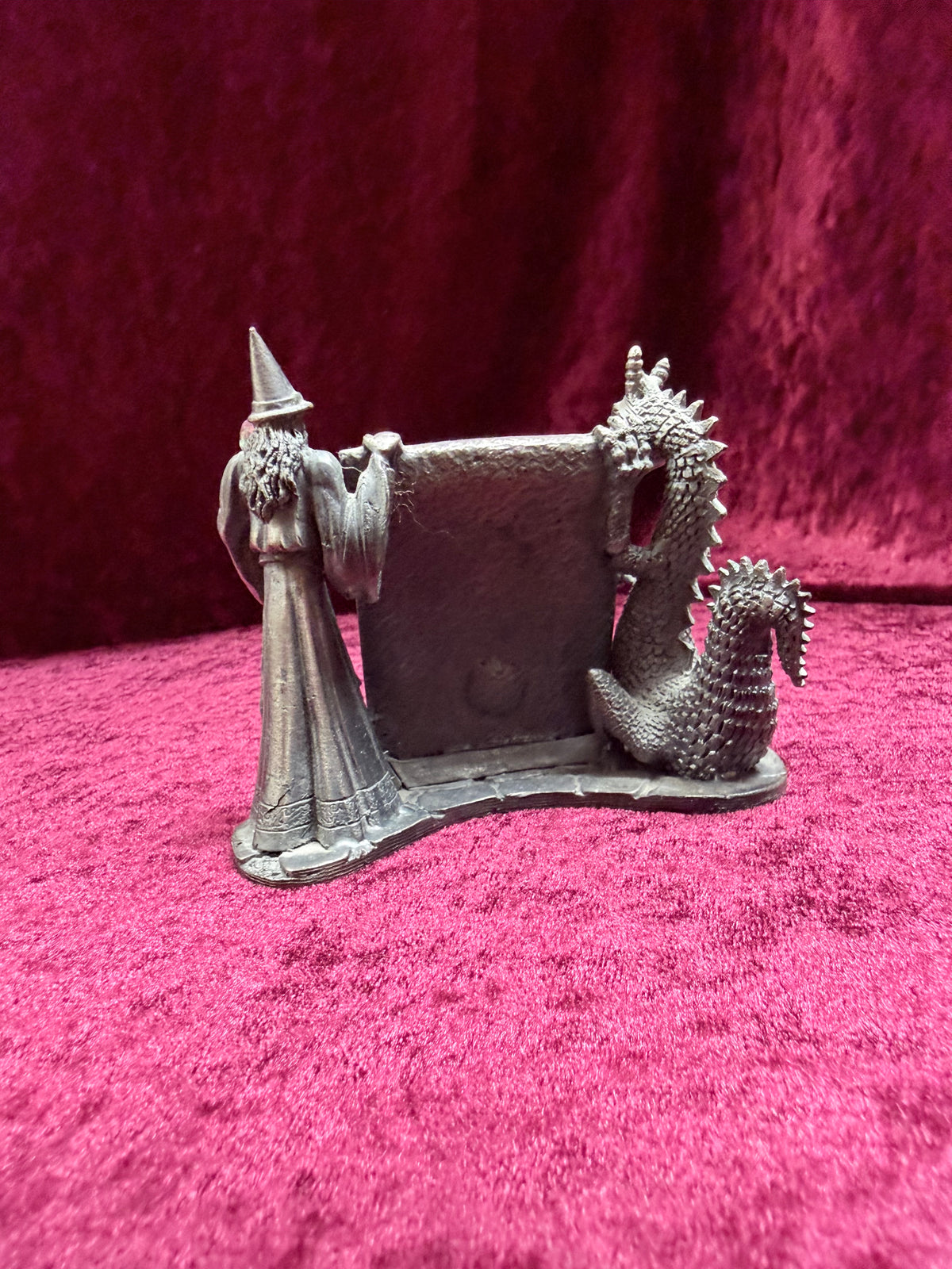 Vintage 1990s Pewter Myth and Magic “The Magical Encounter” – Two-Crystal Wizard & Dragon Figurine