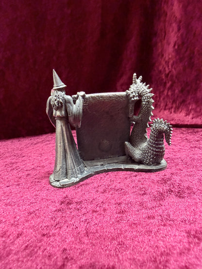 Vintage 1990s Pewter Myth and Magic “The Magical Encounter” – Two-Crystal Wizard & Dragon Figurine