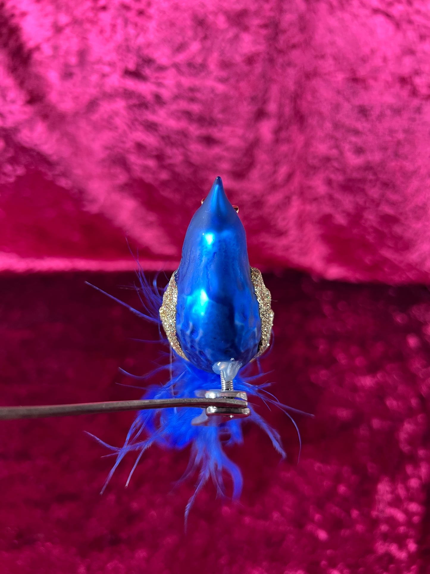 Vintage Christmas - Glass Clip-On Ornament - Royal Blue Peacock with Feather Tail