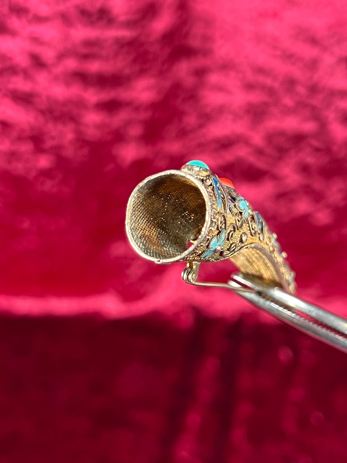 Antique Jewelry - Brooch - Chinese Finger Nail Guard - Plated Sterling Silver, Turquoise, Coral, and Enamel