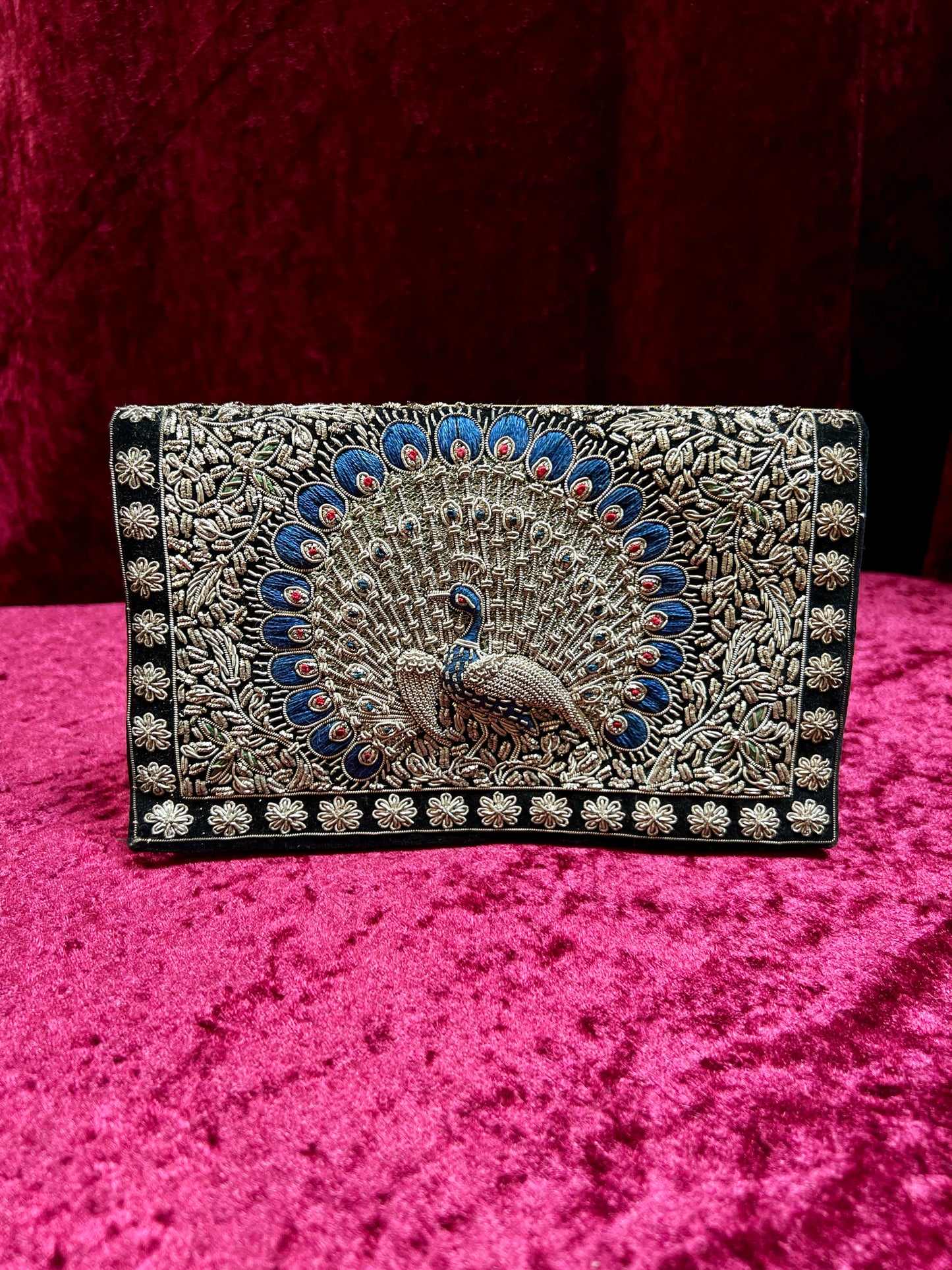 Vintage Double Sided Velvet Evening Clutch – Embroidered Peacock - Zardozi