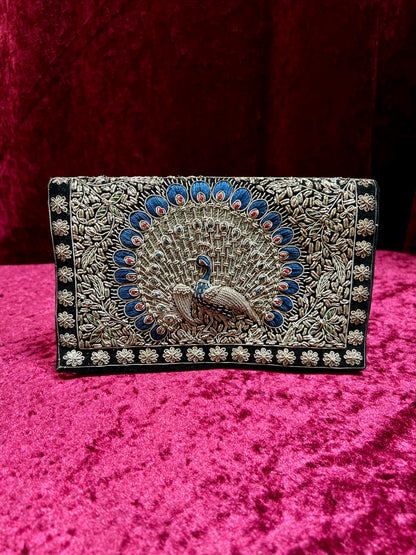 Vintage Double Sided Velvet Evening Clutch – Embroidered Peacock - Zardozi