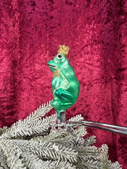 Vintage Christmas - Clip On Ornament - Hand Blown Glass -  3" Prince Frog