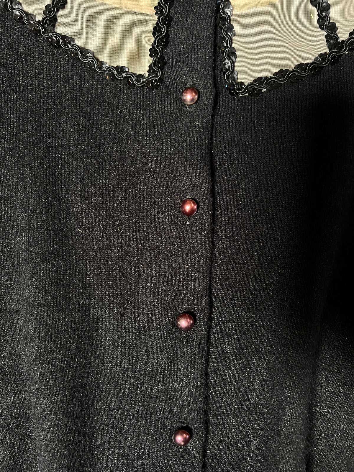 Vintage 1960s Knit Cardigan - Black Sheer Illusion Sequin Yoke with Metal Buttons - Size Medium