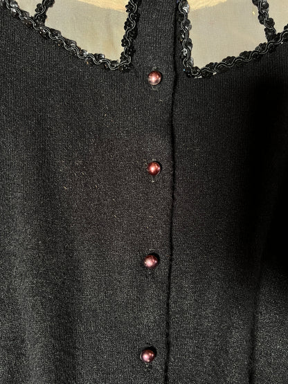 Vintage 1960s Knit Cardigan - Black Sheer Illusion Sequin Yoke with Metal Buttons - Size Medium