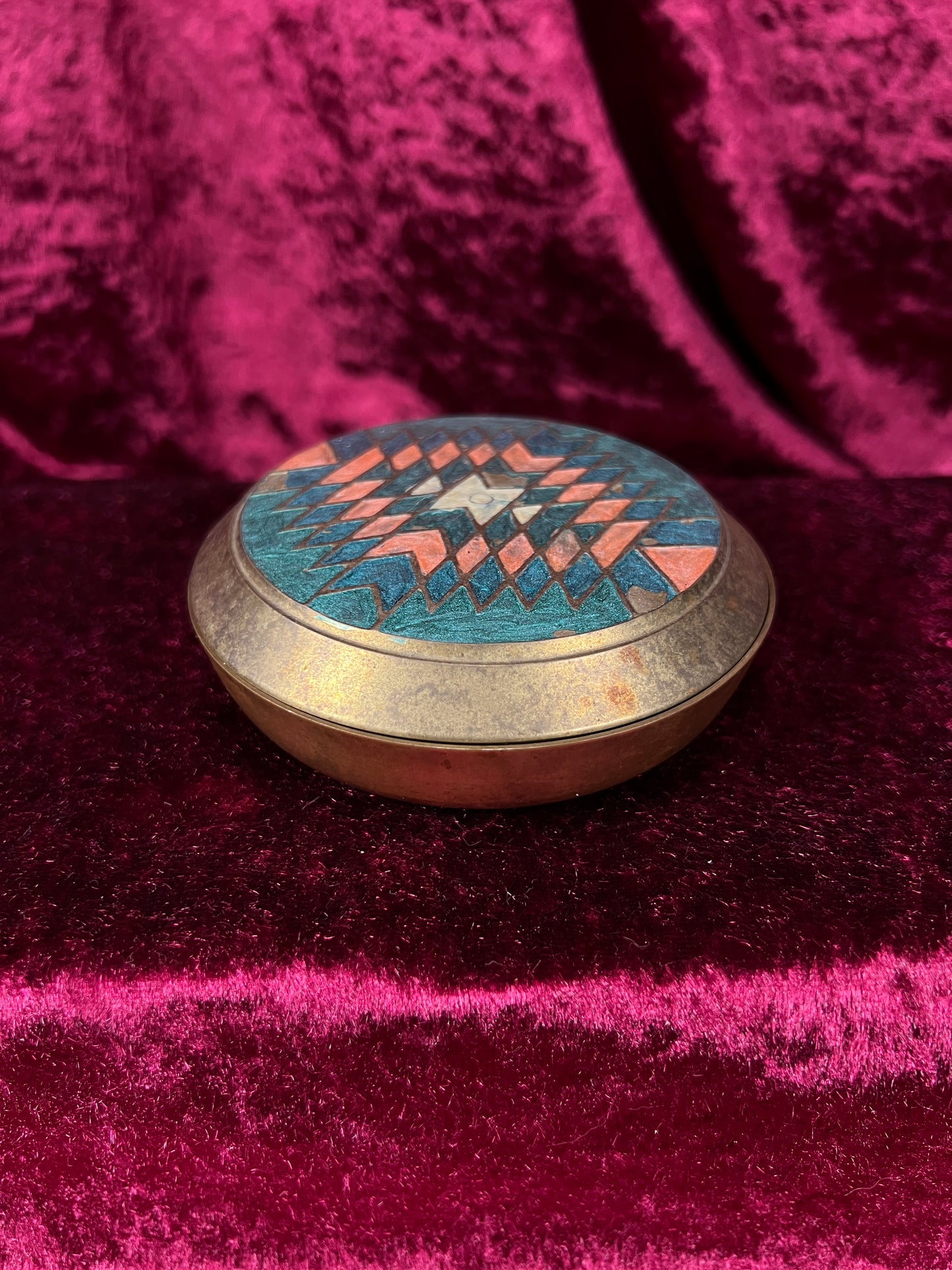 Vintage Solid Brass Trinket Box - 1990s Handpainted Southwestern Design