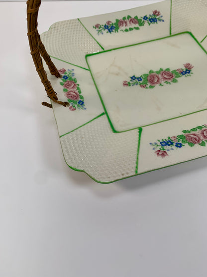 Vintage Japanese Basketweave Rattan Handled Serving Tray with Floral Pattern