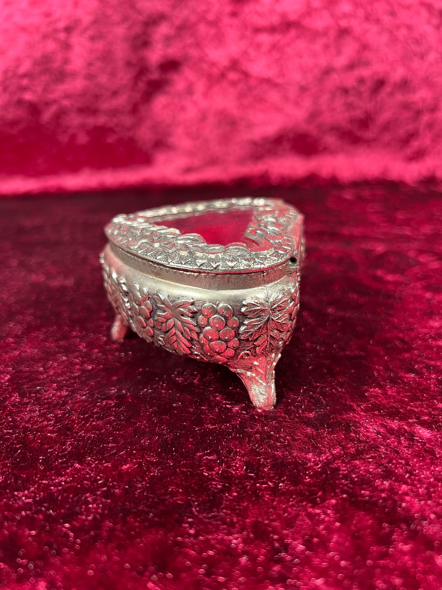 Vintage Vanity - Heart Shaped Jewelry Box - Ornate Silver Grapevine Filigree - Red Velvet Lining - Footed