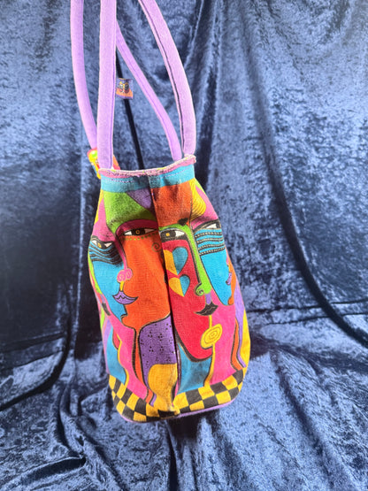 Vintage Canvas Laurel Burch Tote Bag – Kindred Spirits Faces with Purple Handles