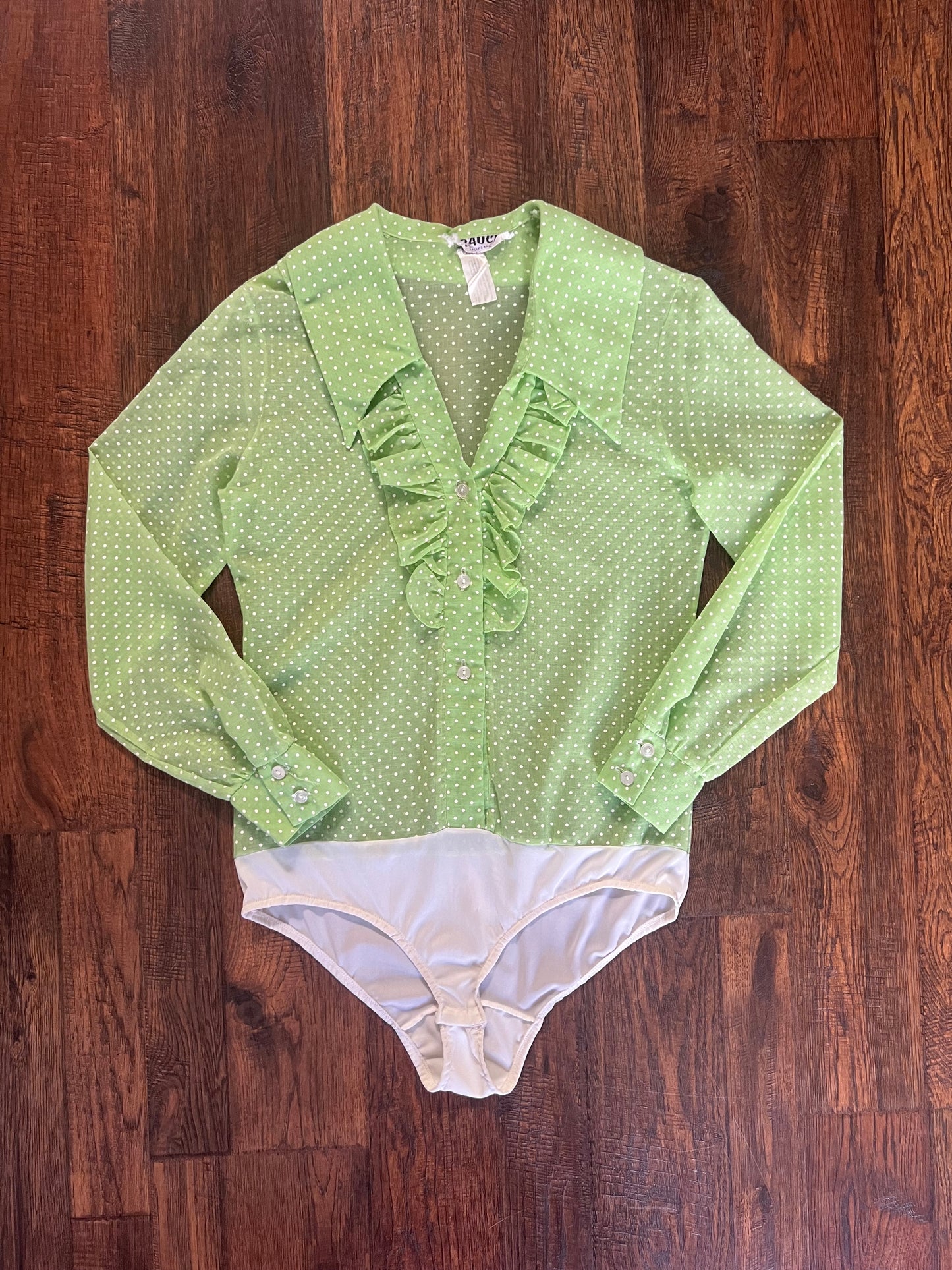 Vintage Clothing - 70’s Disco Bodysuit - Bright Green Polka Dot - Medium - Saucy California