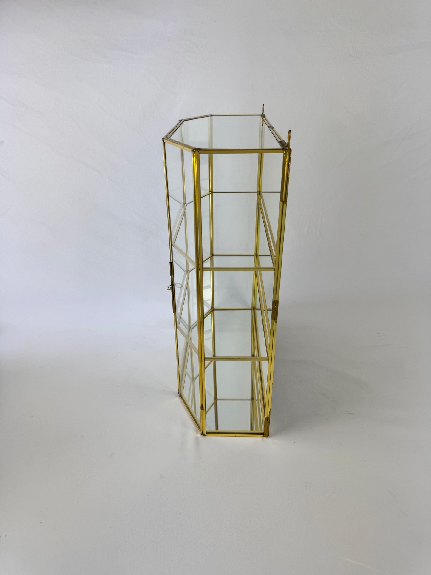 Vintage Mirrored Brass & Glass Wall Hanging Curio Cabinet - Large