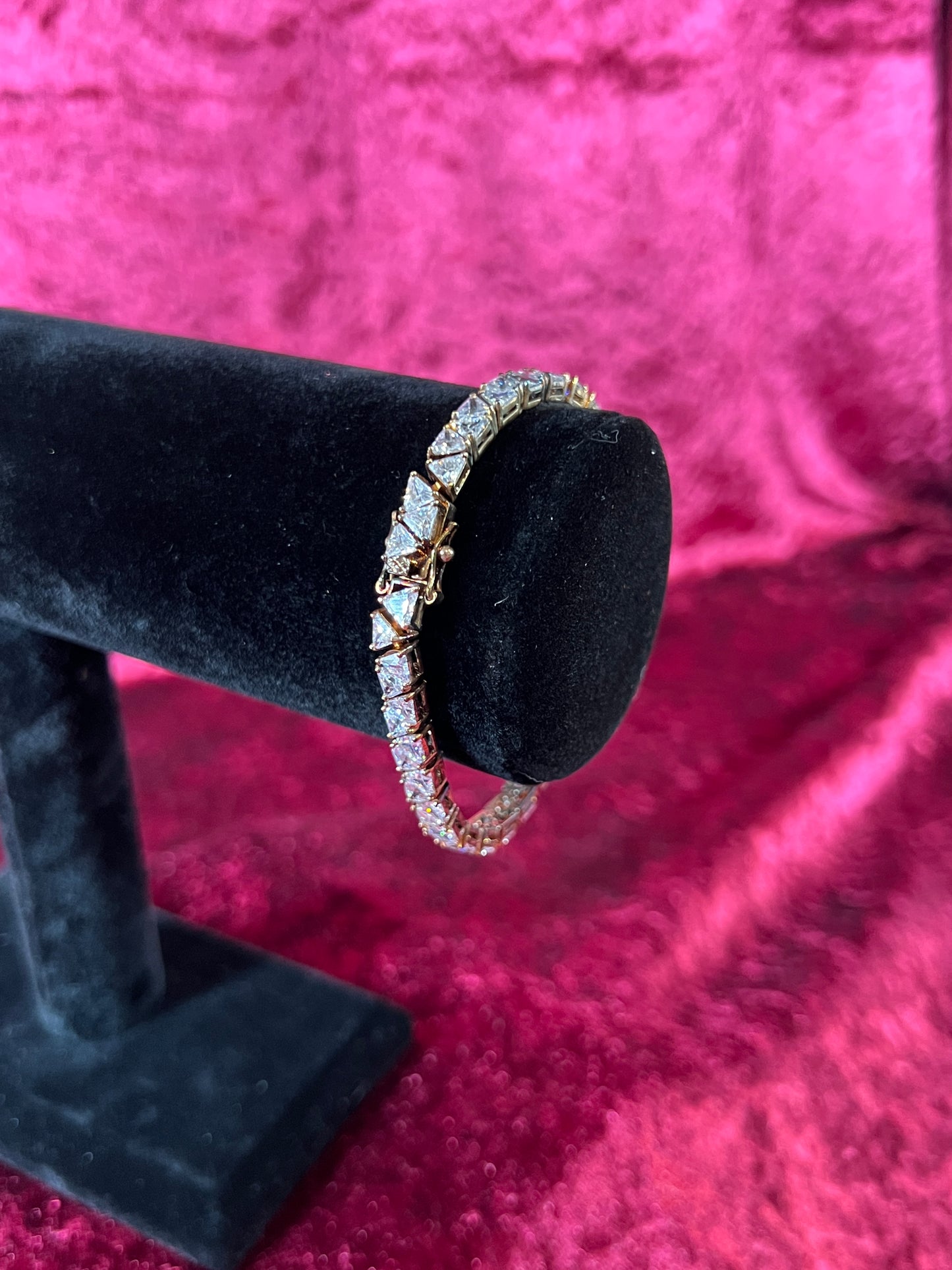Vintage Jewelry - Tennis Bracelet - Silver Tone - Triangular Cubic Zirconia Stones  - 7.5"