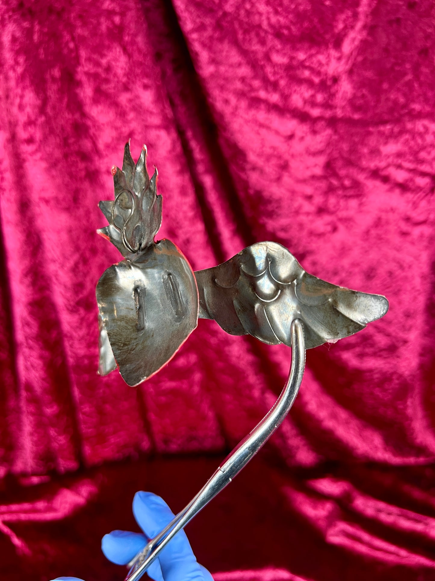 Vintage Wall Art - Painted Tin - Winged Sacred Milagro Heart