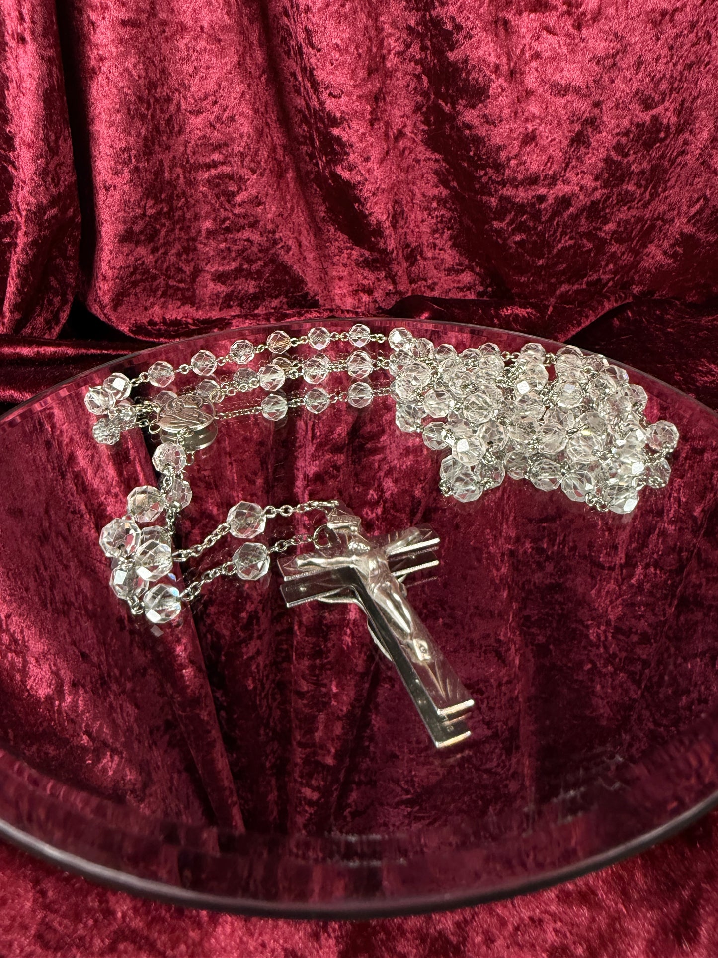 Vintage Jewelry - Italian Rosary - Sterling Silver - Clear Faceted Beads - 24”
